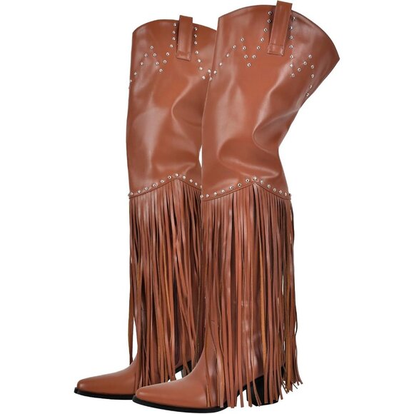 Women Brown Synthetic Fringe Thigh High Tassels Wide Calf Over Knee Pointed Boot - Picture 1 of 5